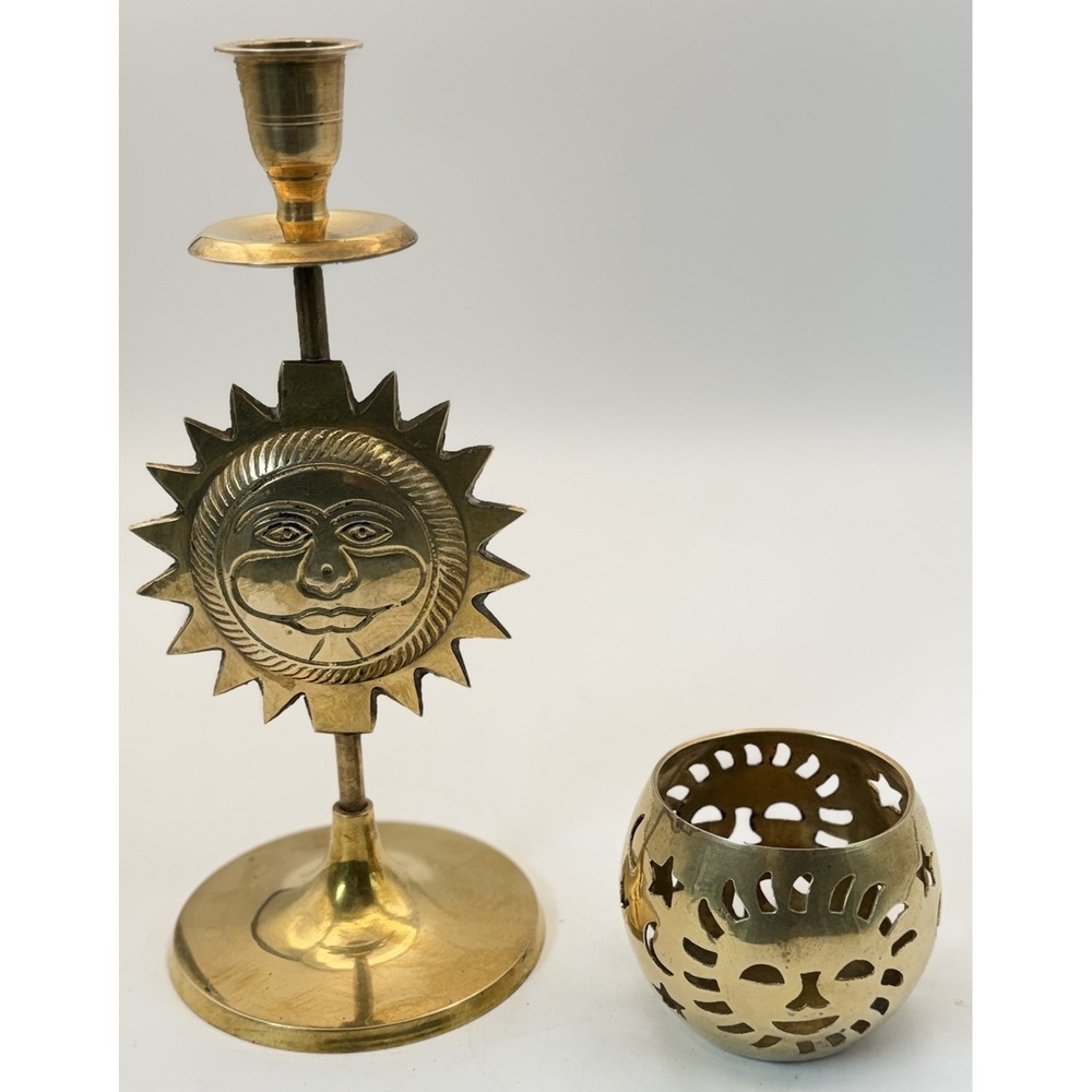 Brass Celestial Sun Face Candle Taper Holder + Sun/Moon Votive Holder Boho #1064